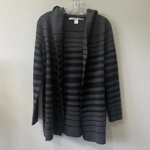 Max Studio Hooded Cardigan Sweater Women's Medium Black Grey Striped Merino Wool